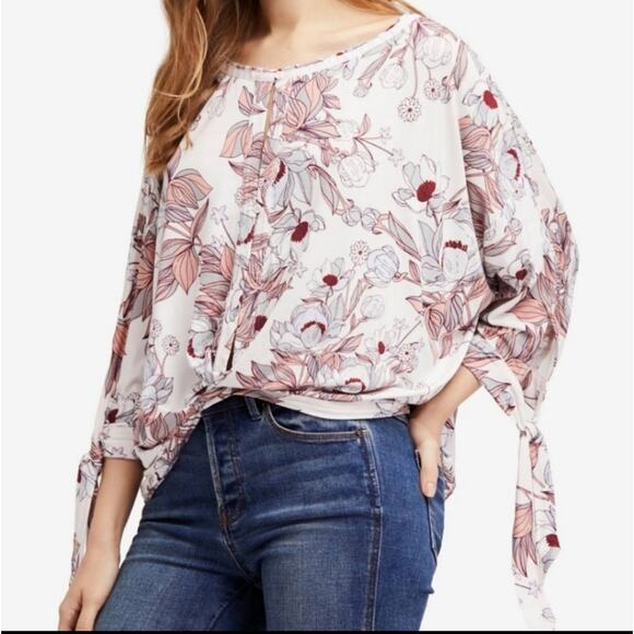Free People White Floral Button Down Tie Sleeve Keepin On Blouse S - Picture 9 of 9